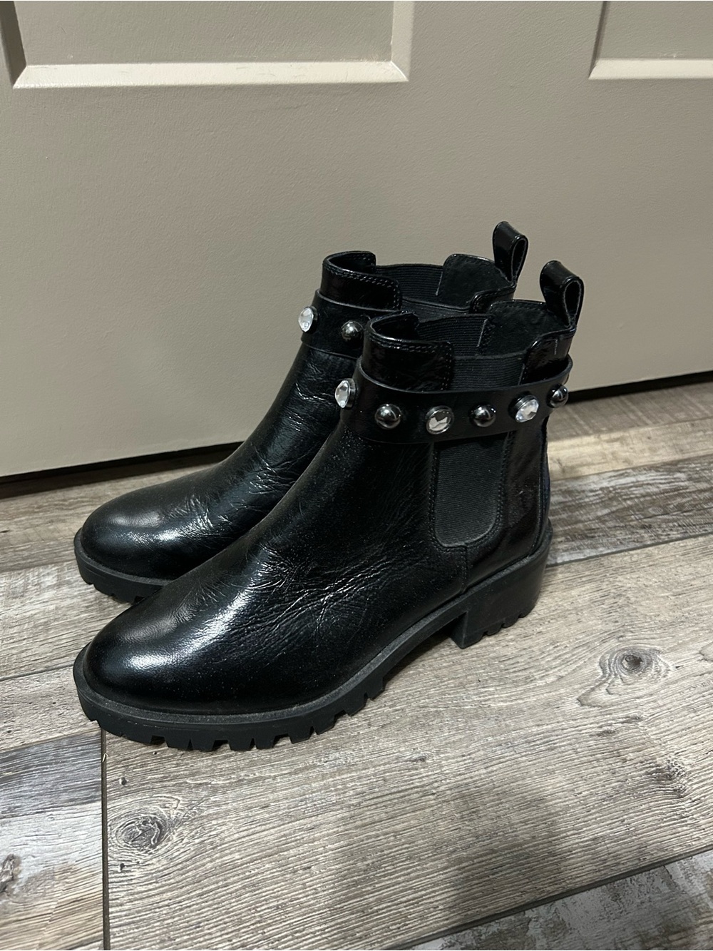 Karl Lagerfeld Paris Pola Studded Chelsea Black Booties black patent leather